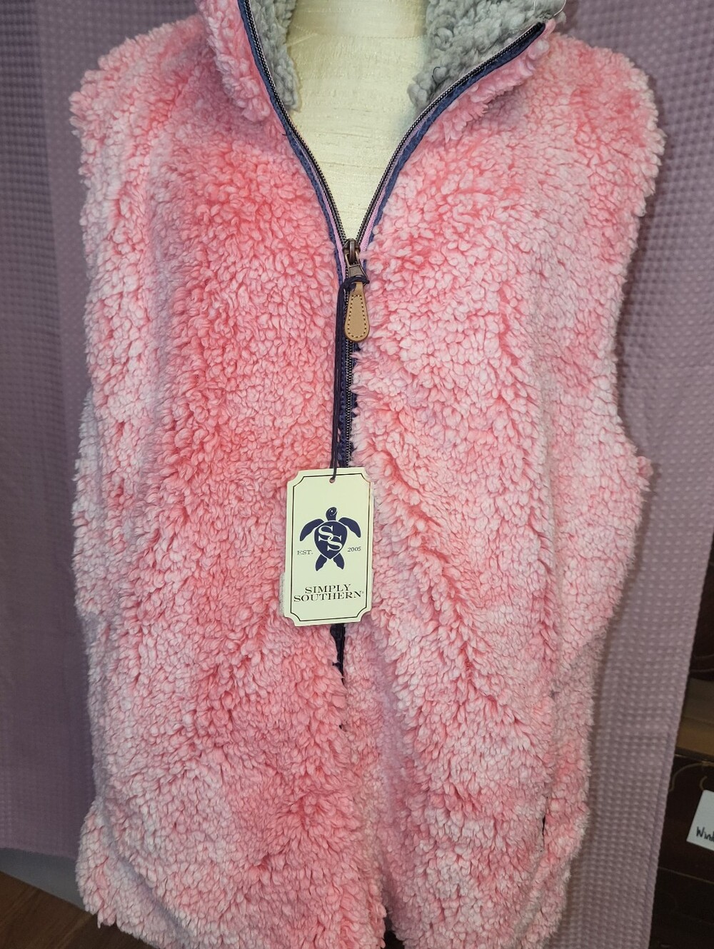 Simply Southern XXL Pink Sherpa Fleece Vest NWT Full Zip Reversible Gray
